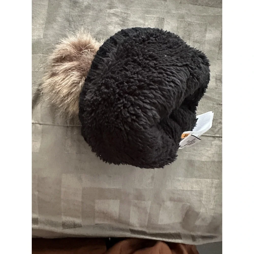 Timberland Hat Beanie Womens One‎ Size Black Cable Knit Pom Pom Sherpa Lined